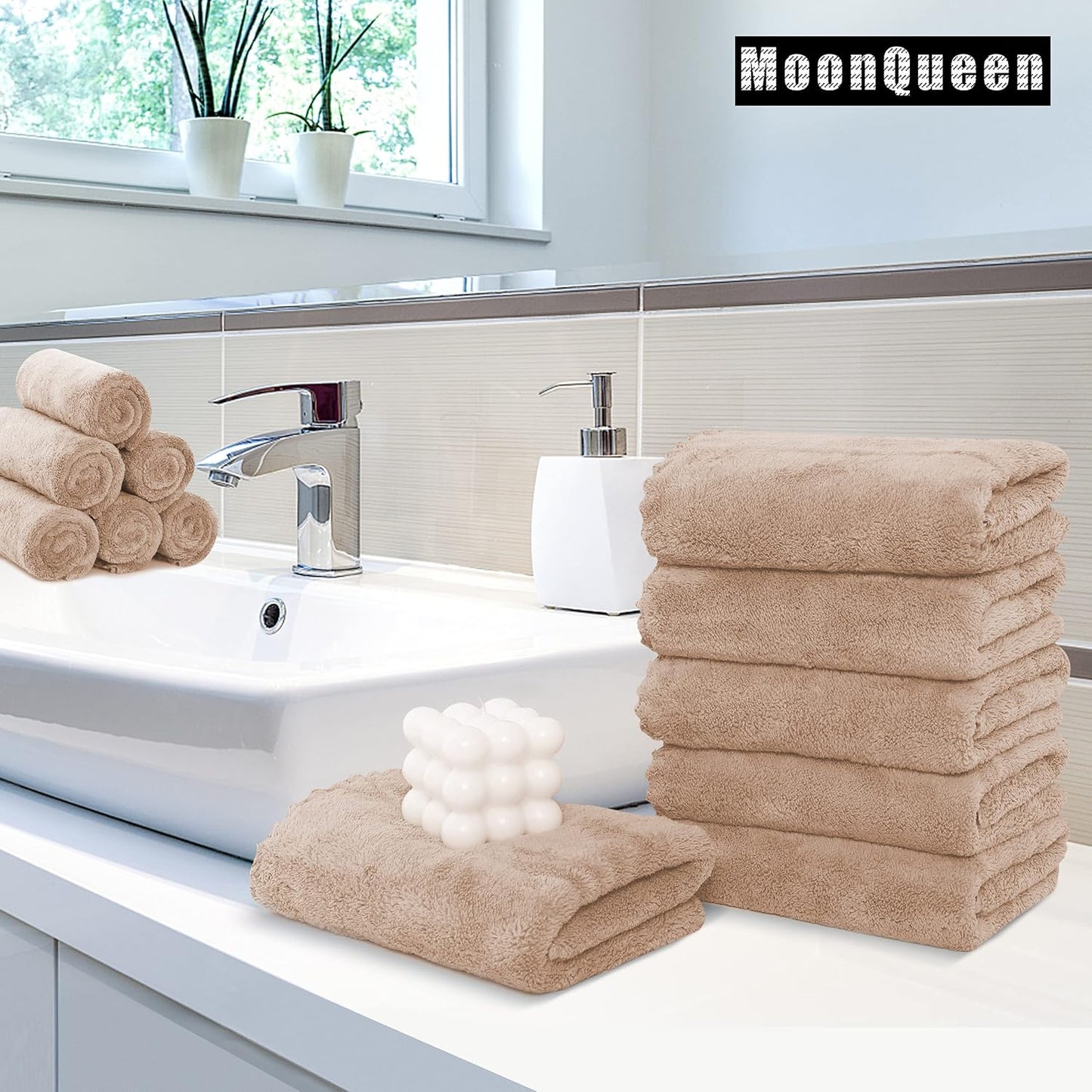 MOONQUEEN 18 Pack Premium Hand Towels - Quick Drying - Microfiber Coral Velvet Highly Absorbent Towels - Multipurpose Use as Hotel, Bathroom, Shower, Spa, Hand Towel 16 x 28 inches (Brown)