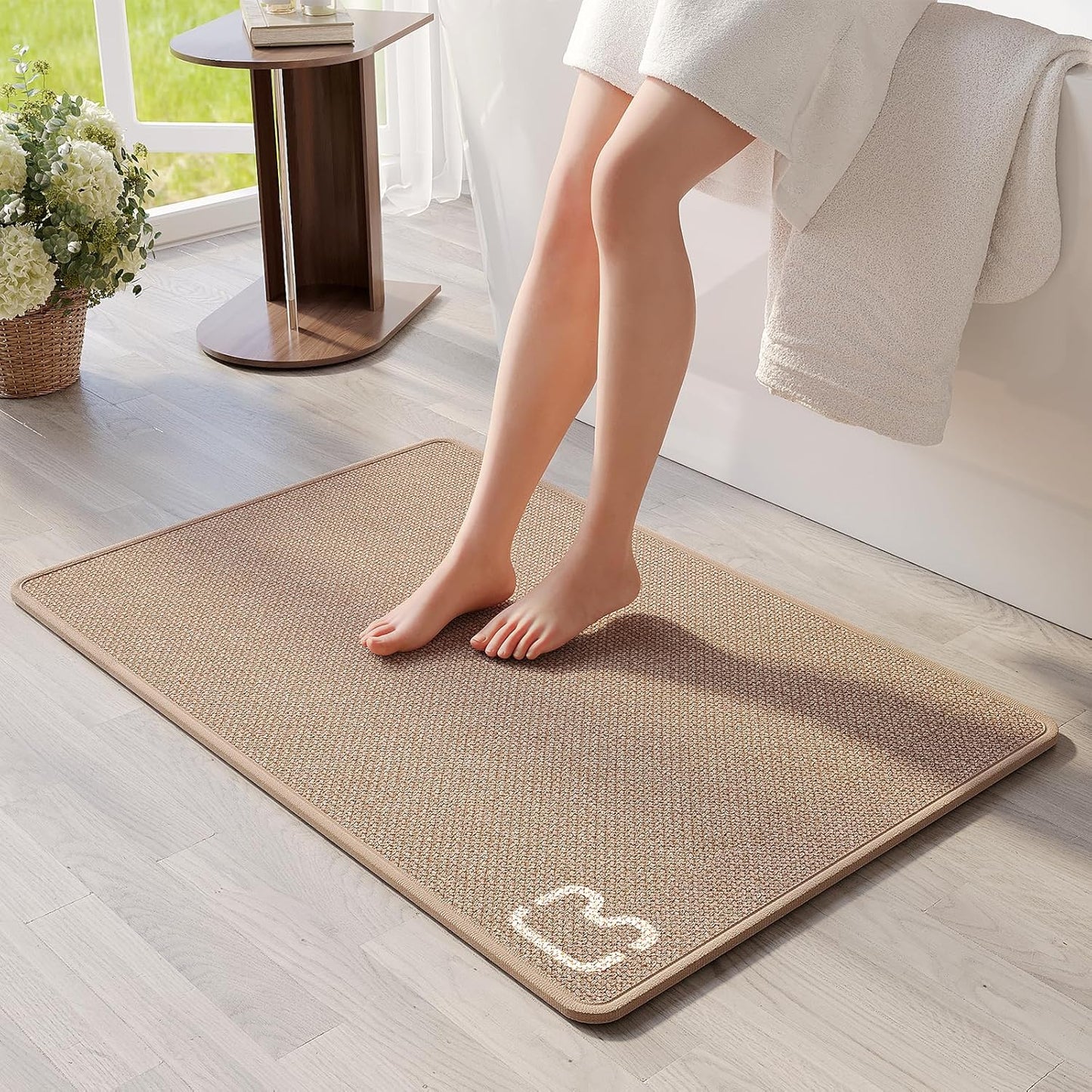 Non Slip Bath Mat Bathroom Rugs, Rubber Backing Braided Ultra Thin Bath Mats, Super Absorbent Quick Dry Bath Rug Shower Mat, Bathroom Floor Mat Fit Under Door, Machine Washable, Brown 24" x 35"