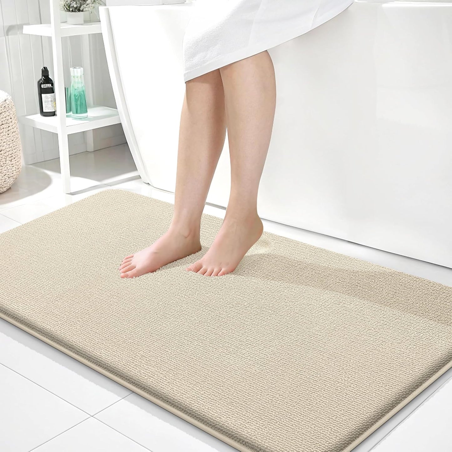 OLANLY Thick Memory Foam Bath Mat Rug 44x24, Extra Soft Absorbent Bathroom Rug, Quick Dry Bath Mats, Non-Slip, Machine Washable Carpet for Bathroom, Tub and Shower, Home Decor Accessories, Sand
