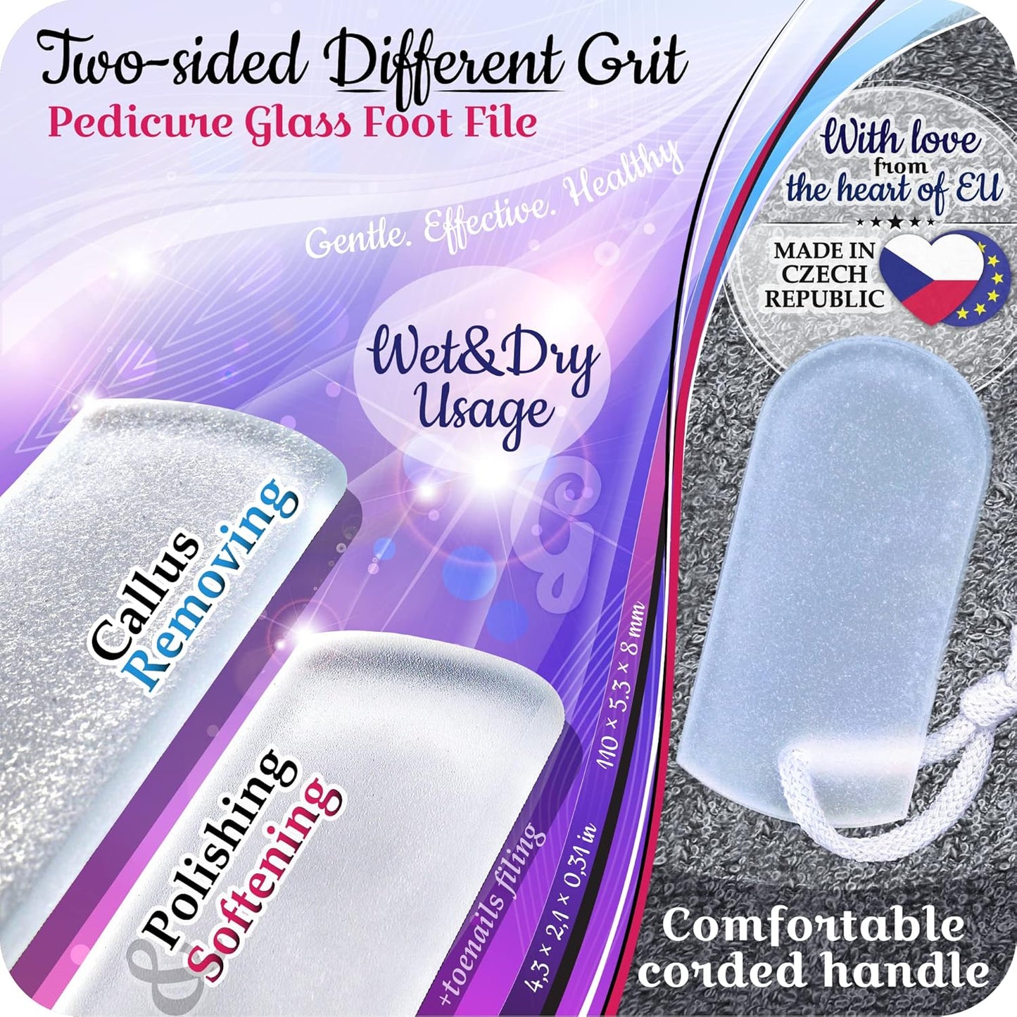 GLADZY Czech Glass Foot File Callus Remover – Double Sided Etched, Different Grit Coarse & Fine Surfaces for Hard Skin & Cracked Heels, Professional Pedicure Tool, Washable Reusable, Made in EU