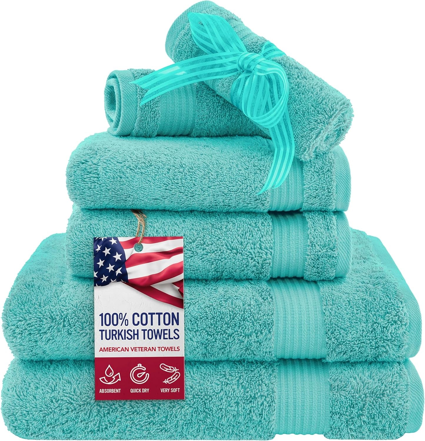 American Veteran Towel, 6 Piece Towel Set for Bathroom, 100% Cotton Turkish Bathroom Towels, 2 Bath Towels 2 Hand Towels 2 Washcloths, Turquoise Blue