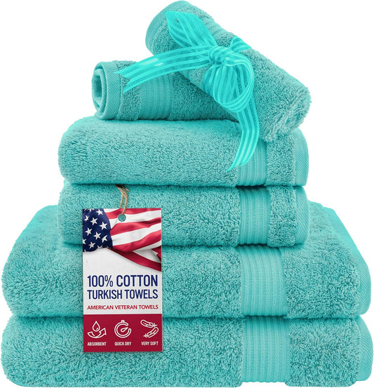 American Veteran Towel, 6 Piece Towel Set for Bathroom, 100% Cotton Turkish Bathroom Towels, 2 Bath Towels 2 Hand Towels 2 Washcloths, Turquoise Blue