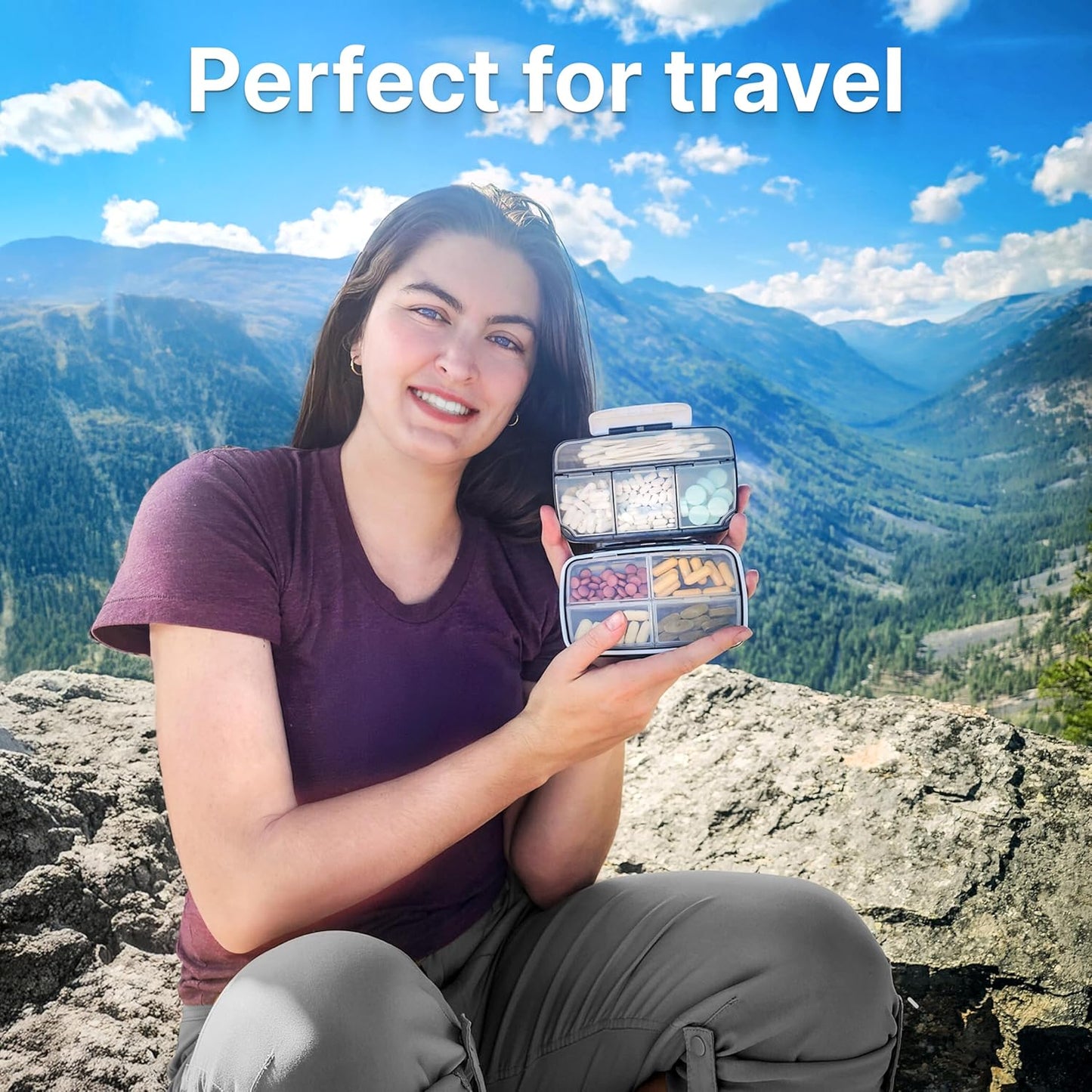 Travel Pill Organizer - Airtight Medicine Case for Traveling Portable Pharmacy Box with Labels Vitamin Container 8 Compartment Supplement Medication Holder Large Capacity Daily (Grey)