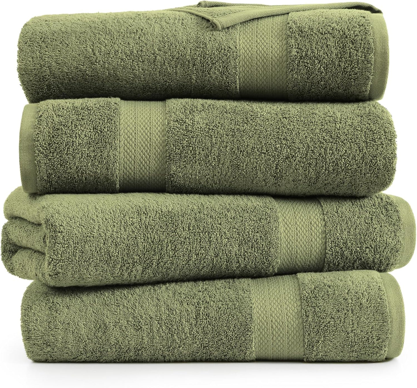 Lane Linen 100% Cotton 4 Pack Bath Towels (28"x54") - Zero Twist, Mercerized Cotton Bathroom Towels Set - Quick Dry, Very Soft & Absorbent Large Bath Towels - Tumble Dry Regains Fluffiness - Oil Green