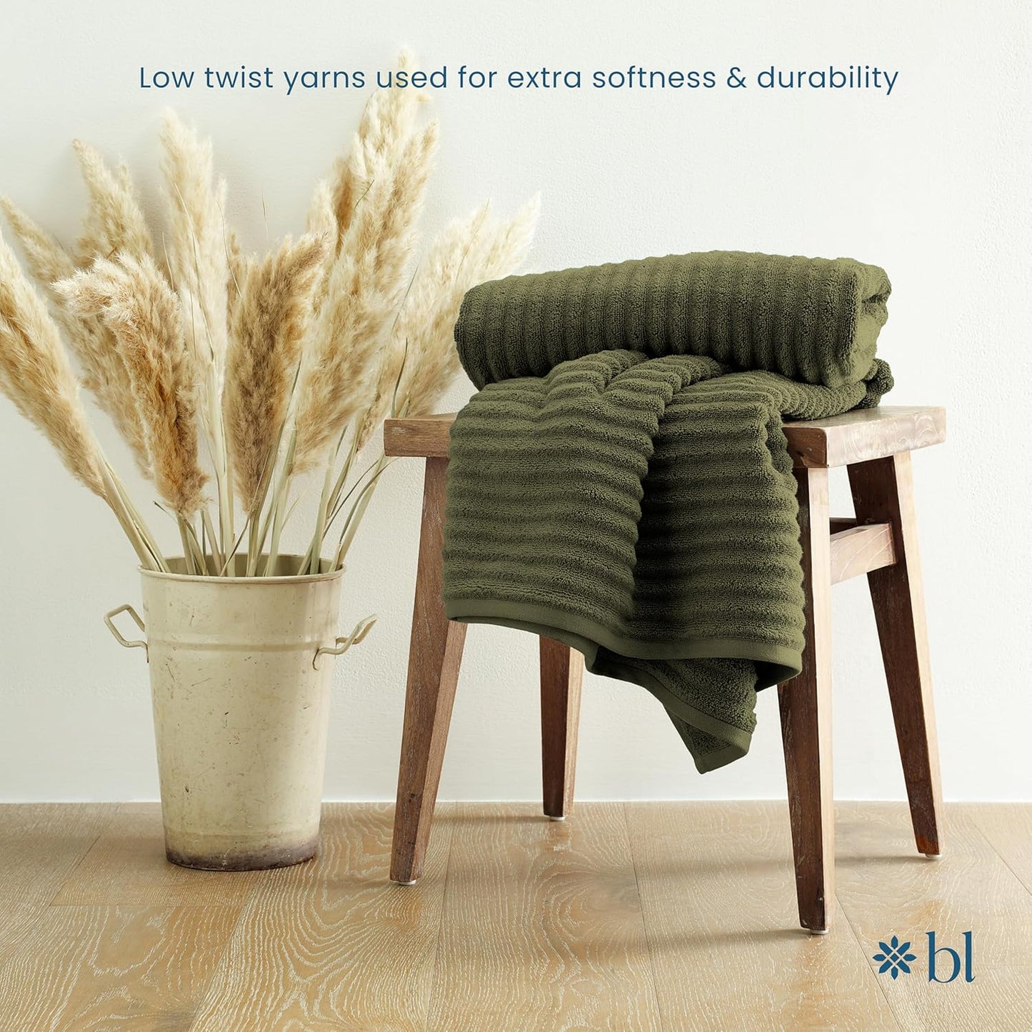 Blue Loom Ribbed Bath Towels Set, 100% Cotton 600 GSM, Soft Absorbent Durable Quick Drying 2 Bath Towels for Bathroom - Mason Set of 2 Moss Green (58" x 30" Inch)