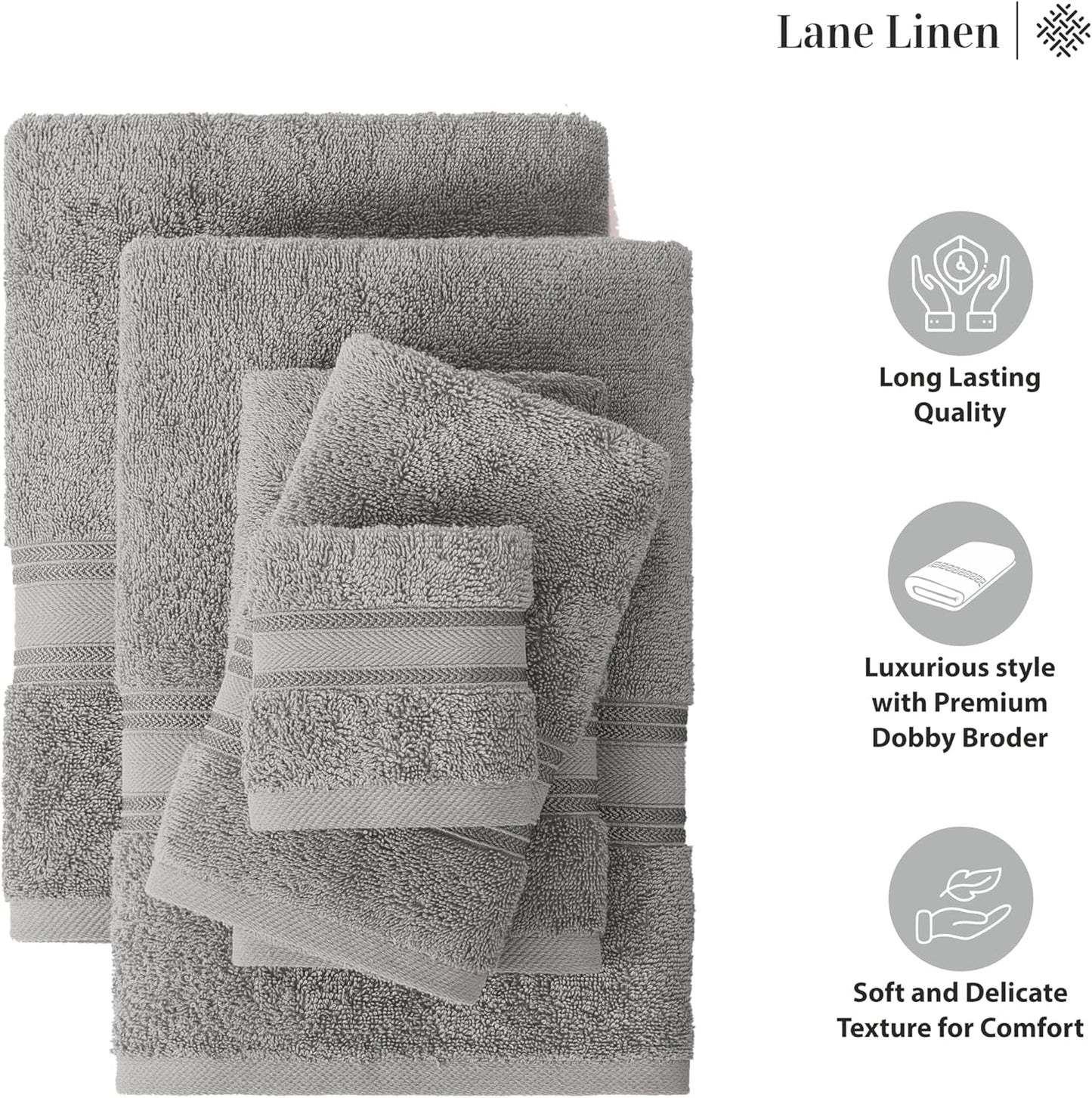 LANE LINEN Luxury Bath Towels Set - 6 Piece 100% Cotton Bathroom Quick Dry Shower Extra Aborbent Towel Super Soft 2 Hand Wash Cloths Space Grey