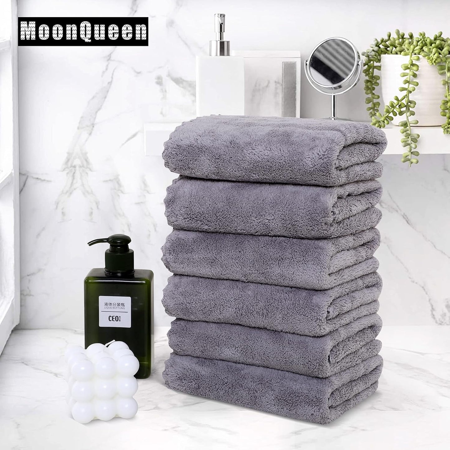 MOONQUEEN 6 Pack Premium Hand Towels - Quick Drying - Microfiber Coral Velvet Highly Absorbent Towels - Multipurpose Use as Hotel, Bathroom, Shower, Spa, Hand Towel 16 x 28 inches (Light Grey)