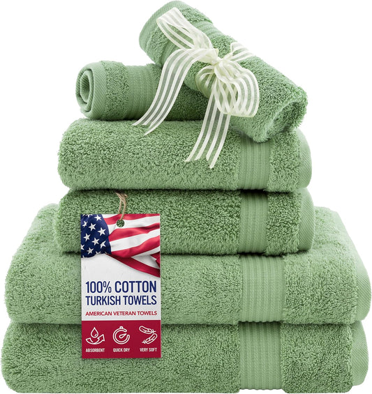 American Veteran Towel, 6 Piece Towel Set for Bathroom, 100% Cotton Turkish Bathroom Towels, 2 Bath Towels 2 Hand Towels 2 Washcloths, Sage Green