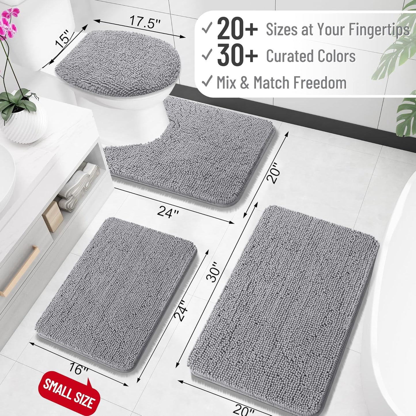 OLANLY Bathroom Rugs 24x16, Extra Soft Absorbent Chenille Bath Rugs, Rubber Backing Quick Dry, Machine Washable Bath Mats for Bathroom Floor, Tub and Shower, Home Decor Accessories, Grey