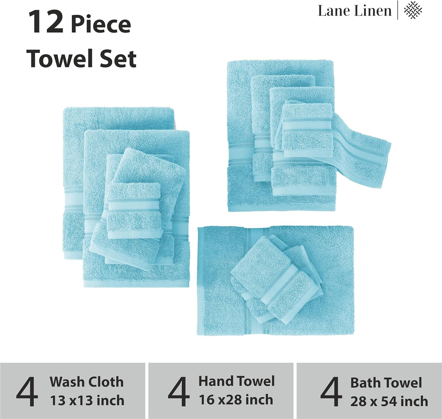 LANE LINEN Luxury Bath Towels Set - 12 Piece, 100% Cotton, Zero Twist, Super Soft & Absorbent, Includes 4 Bath Towels, 4 Hand Towels, 4 Washcloths - Blue