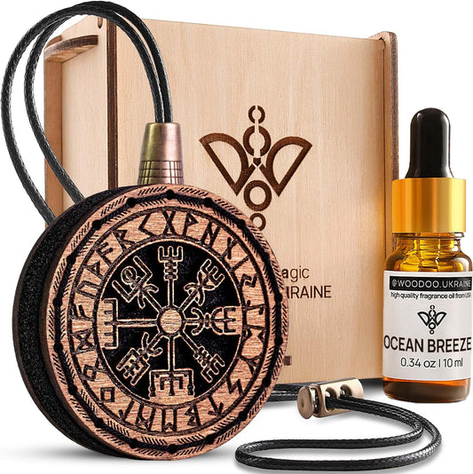 Wood Car Air Freshener — Handmade Car Air Freshener — Vegvisir Designed Fragrance Oil Diffuser in Wooden Gift Box — Aromatherapy Gift Set with Ocean Breeze Fragrance Oil - 10 ml