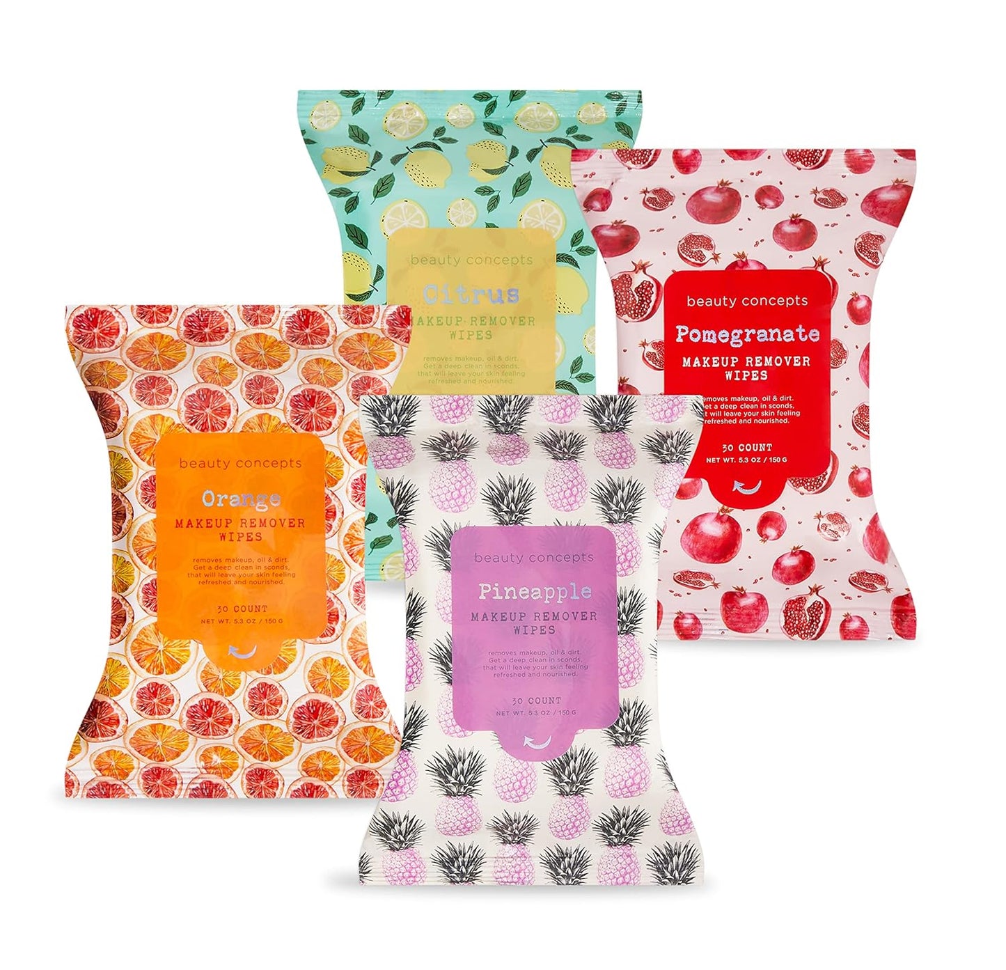 Beauty Concepts Facial Wipe Set - Packs of Face Wipes, Makeup Removing Wipes, Pomegranate, Citrus, Pineapple, and Orange Face