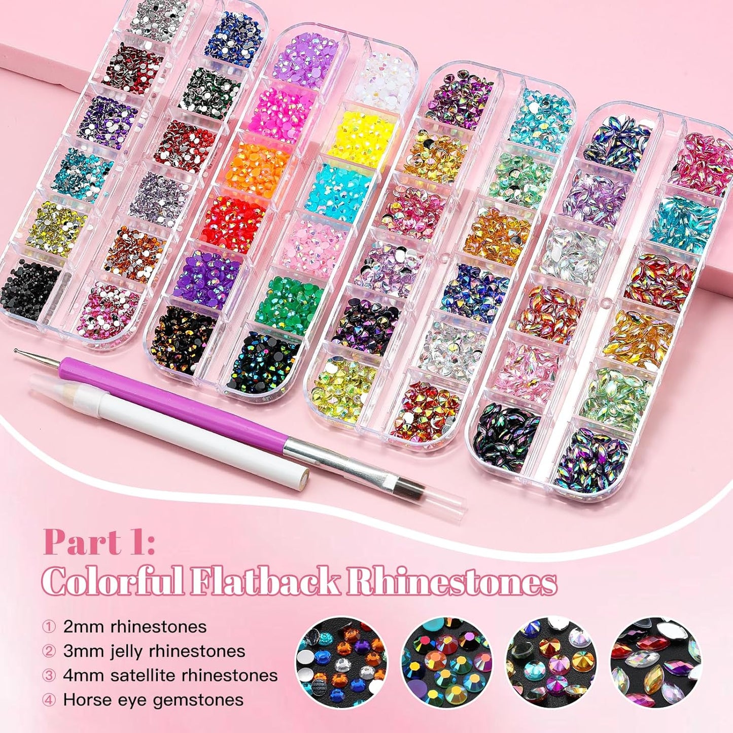12 Boxes Nail Art Kit with Nail Charms, Gems, Rhinestones & Studs - Flatback Rhinestones, 3D Gold/Silver Charms, White Half Pearls, Pink Flower Charms, Star/Butterfly Sequins + 4 Tools for DIY Crafts