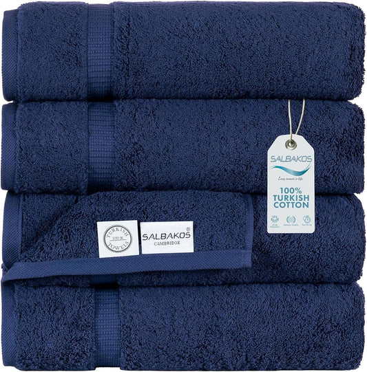 SALBAKOS 100% Turkish Cotton Bath Towel Set of 4 27x54 inch | Heirloom Quality | Hotel & Spa Collection | Ultra Soft, Super Absorbent, Long Lasting Bath Towels | Made in Turkey (Navy, 4 Bath Towels)