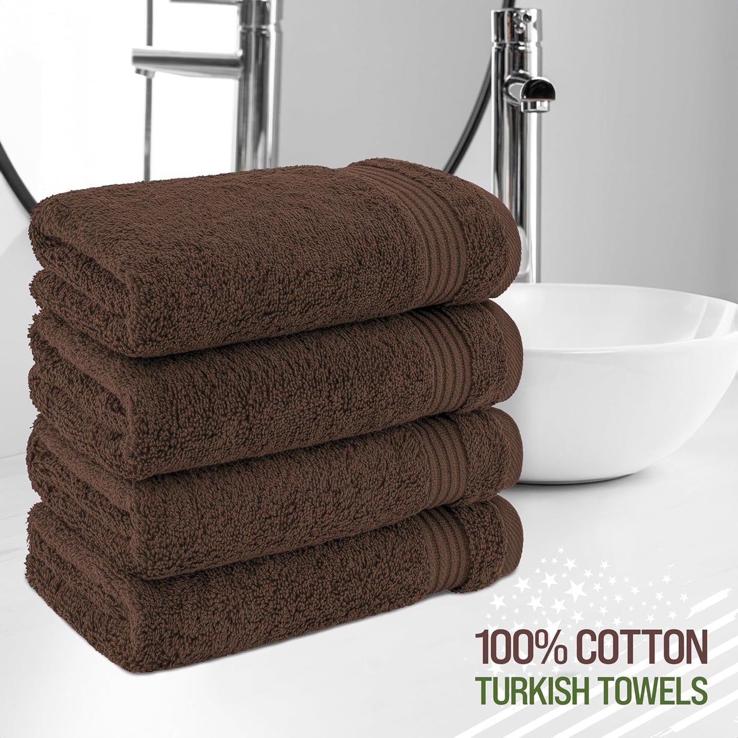 American Veteran Towel, Hand Towels for Bathroom Set of 4, 100% Cotton Turkish Hand Towel Sets, Soft Hand Face Towels, Brown Hand Towels
