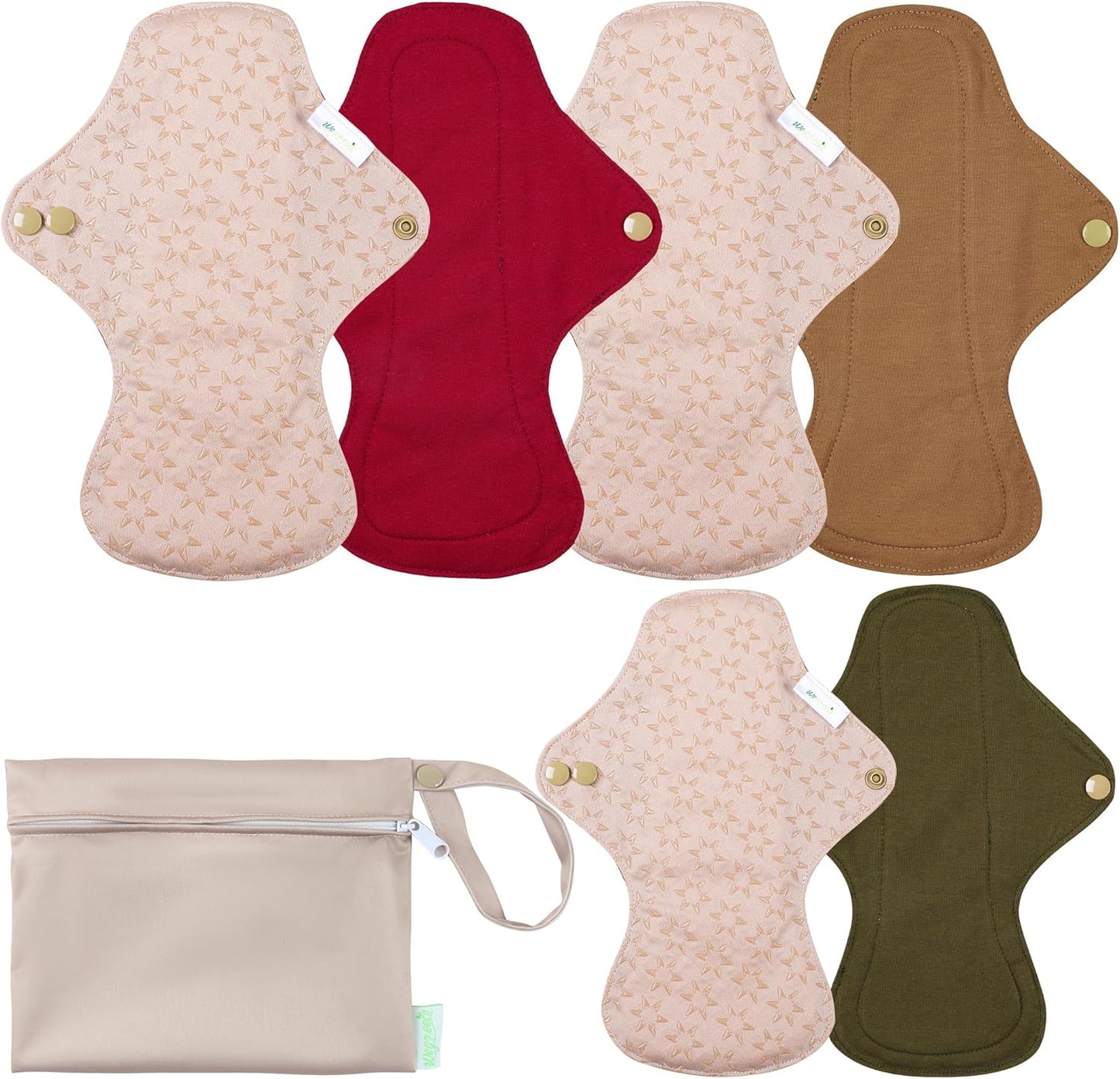 wegreeco 6 Pcs Reusable Menstrual Pads, Ultra Absorbent Cloth Pads for Heavy Flow, Sanitary for Teens, Women, Nonslip, Inner Aqua, Burgundy, Coffe, Rose Gold Outer, XL