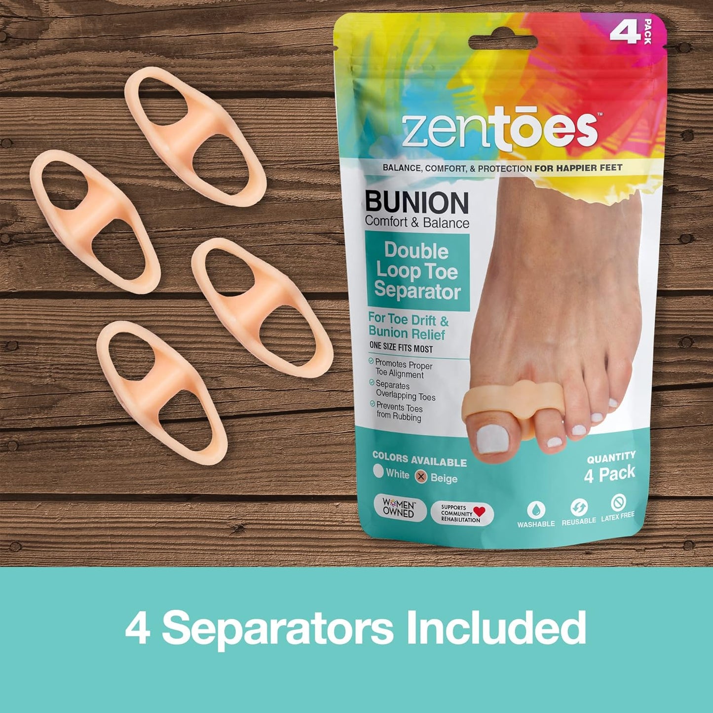 ZenToes Toe Spacers Bunion Corrector for Women and Men, Big Toe Straightener, Double Loop Gel Splint Separator for Correct Alignment of Overlapping Toes (Beige)