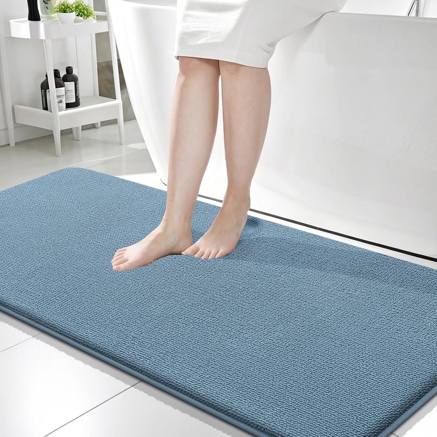 OLANLY Thick Memory Foam Bath Mat Rug 59x24, Extra Soft Absorbent Bathroom Rug, Quick Dry Bath Mats, Non-Slip, Machine Washable Carpet for Bathroom, Tub and Shower, Home Decor Accessories, Airy Blue