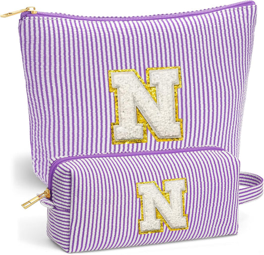Initial Travel Toiletry Bag for Women - Travel Essentials, Travel Makeup Bag Small Cosmetic Make up Bag Cute Stuff Birthday Gifts for Women Mom Girlfriend Teacher, Purple Letter N