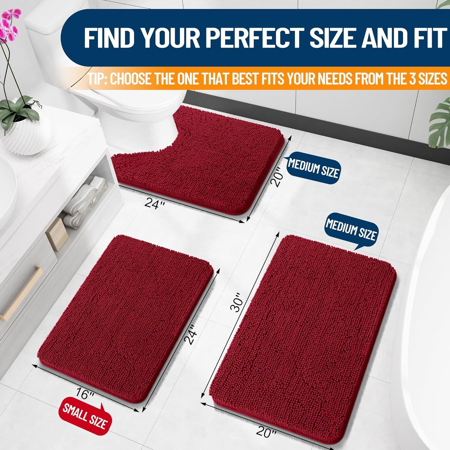 OLANLY Toilet Rugs U-Shaped 24x20, Extra Soft Absorbent Chenille Contour Bathroom Rugs for Toilet, Dry Quickly, Machine Washable, Non-Slip Bath Mat, Red