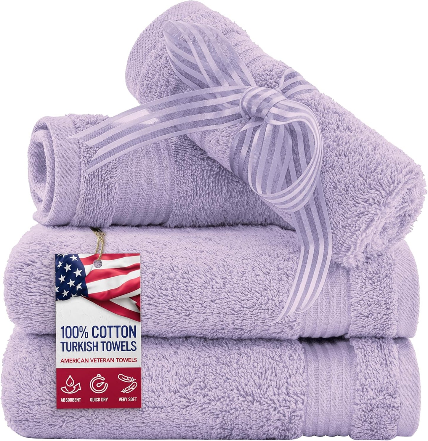American Veteran Towel, 100% Cotton Turkish Washcloths for Bathroom Essentials 4 Pack, Soft Absorbent Wash Cloths Quick Drying Small Towels Washrags, Lilac
