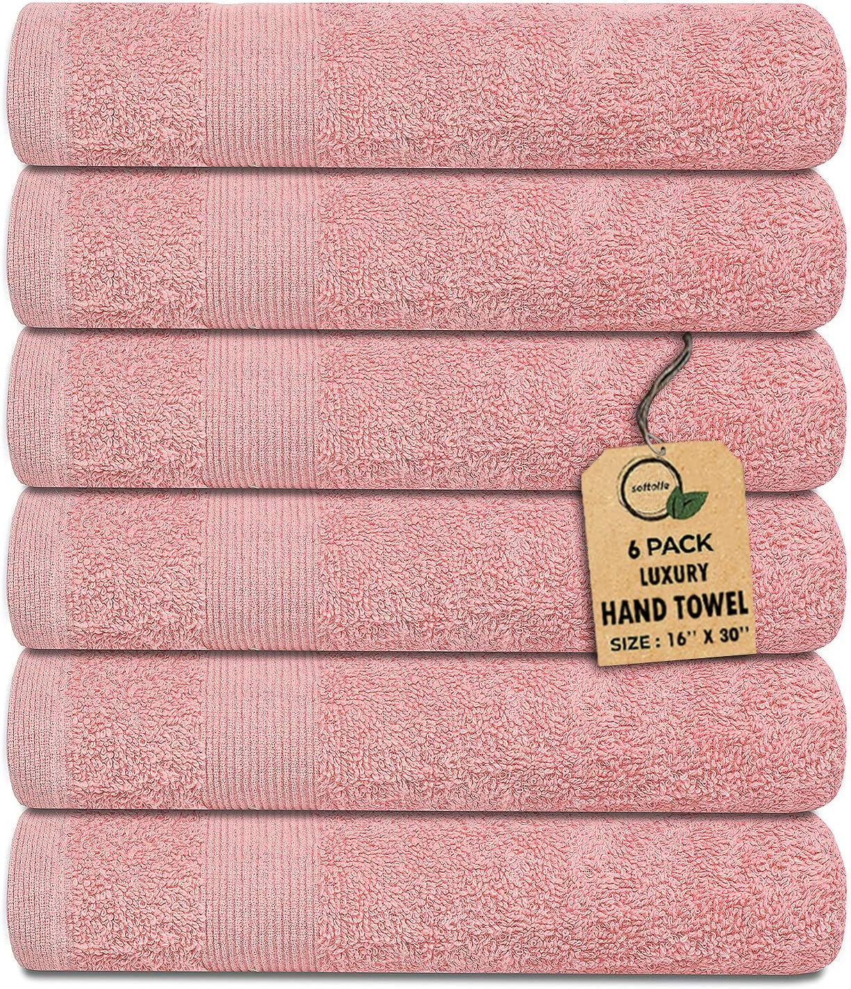 Premium Hand Towels Pack of 6 (16" x 30”) 100% Combed Ring Spun Cotton | Highly Absorbent Hand Towels Set | Ultra Soft for Home, Gym & Spa (Pink)