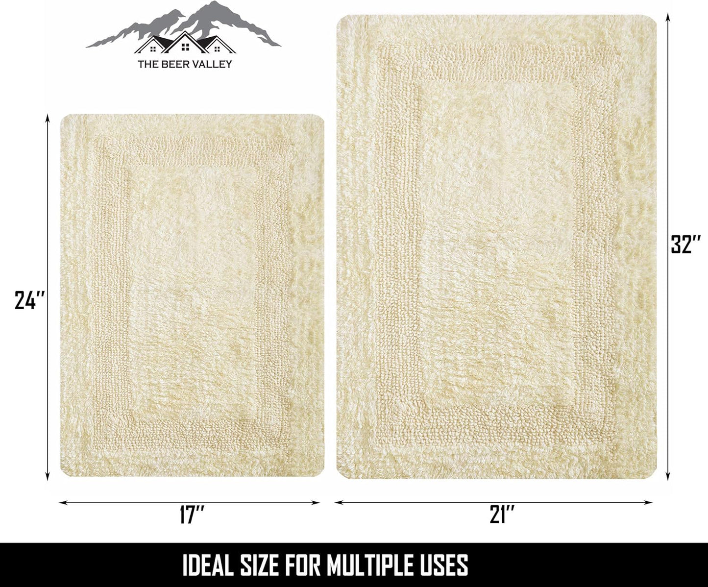 Bathroom Rugs Set 2 Piece Light Yellow Cotton Tufted Reversible Washable Bath Mats for Bathroom Floor| Quick Dry Bathroom Mat for Tub Spa Shower Toilet| Entry Way Door Mats|21x32 & 17x24 Inches