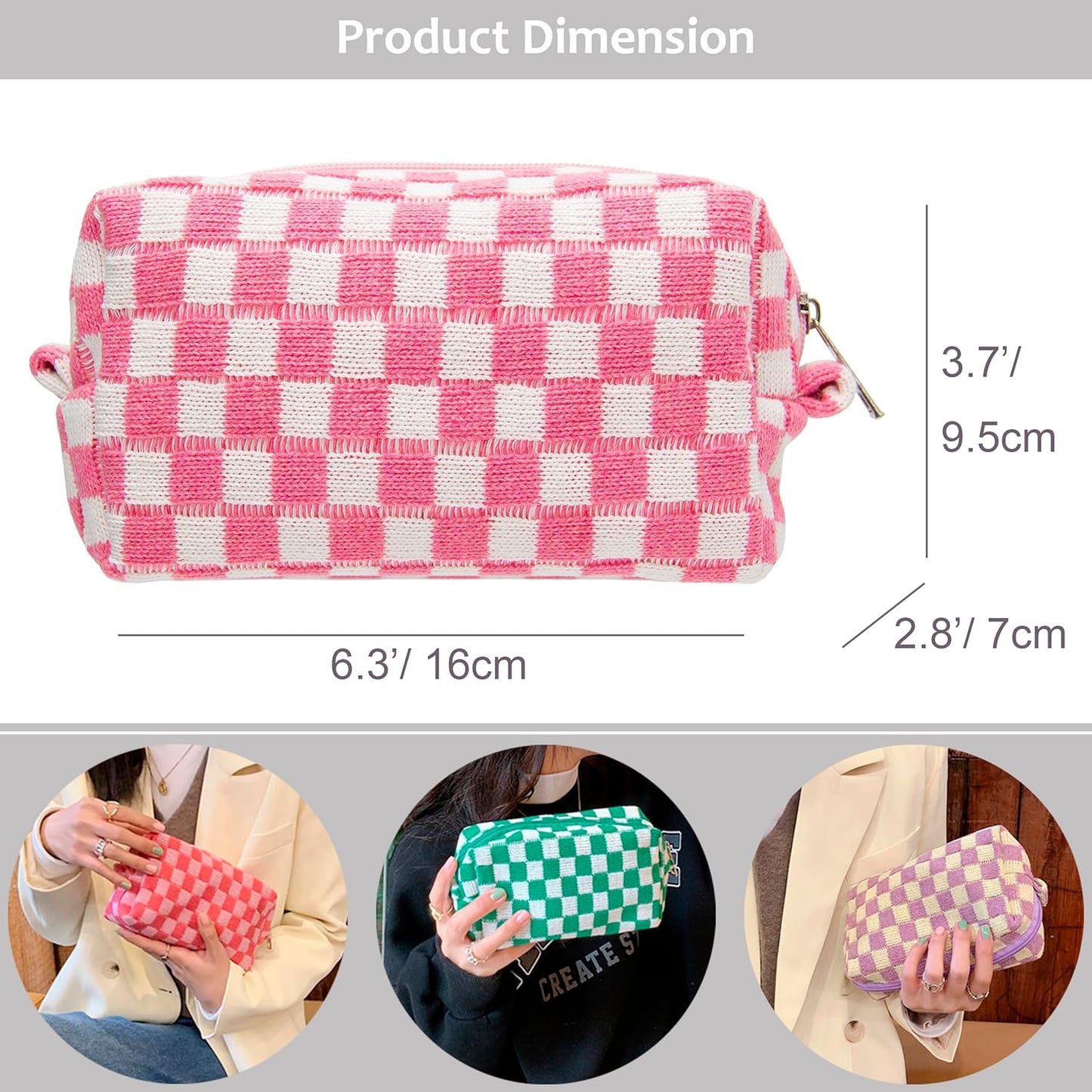 PAZIMIIK Checkered Makeup Bag for Purse Portable Zipper Make Up Pouch Small Cosmetic Case for Travel Accessories (2PCS Pink)