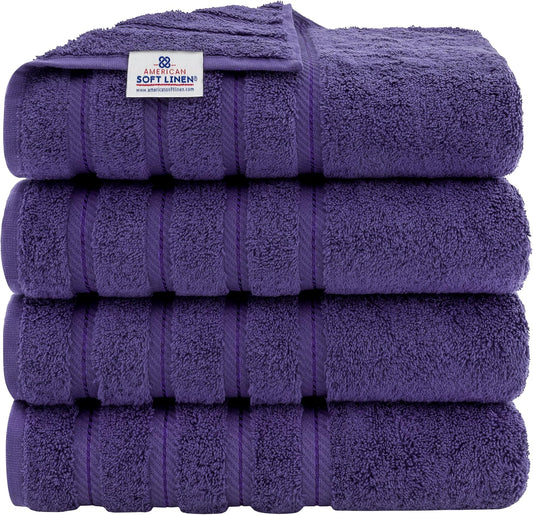 American Soft Linen Luxury 4 Piece Bath Towel Set, 600 GSM 100% Cotton Turkish Bath Towels for Bathroom, 27x54 in Extra Large Bathroom Shower Towels, Purple