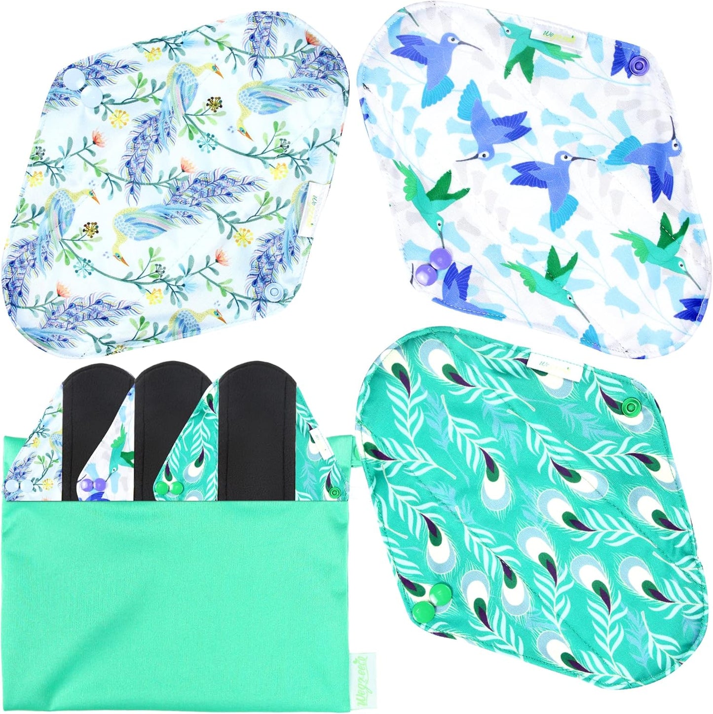 wegreeco Reusable Menstrual Pads - Reusable Sanitary Pads | Reusable Panty Liners | Soft Cloth Menstrual Pads - 6 Pack with 1 Cloth Mini Wet Bag (Large, Peacock