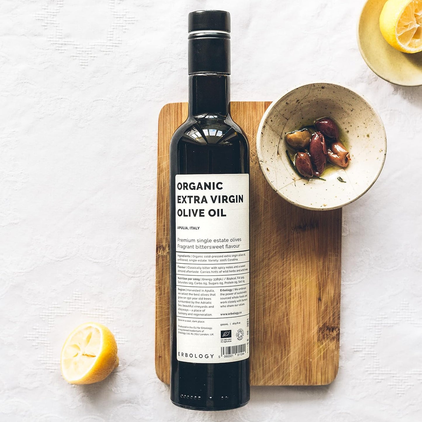 Erbology Organic Extra Virgin Olive Oil 17 fl oz - Early Harvest - 742 mg/kg Polyphenols - 0.15% Free Acidity - 100% Coratina Olives Hand-Picked and Pressed on a Family-Run Single Estate in Apulia, Italy