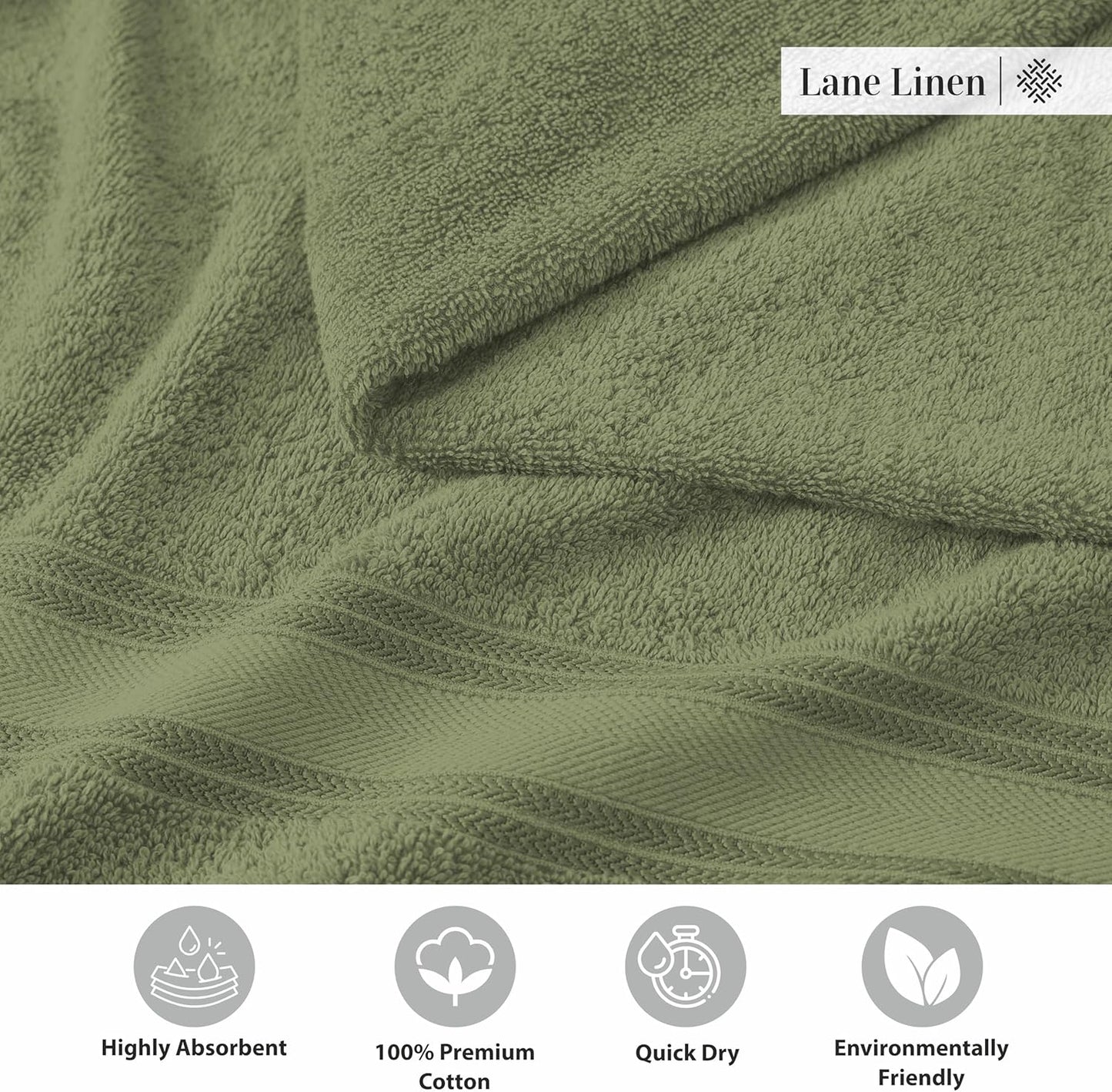 Lane Linen 100% Cotton 4 Pack Bath Towels (30"x60") - Zero Twist, Mercerized Cotton Bathroom Towel Set - Quick Dry, Extra Soft & Absorbent Large Bath Towels - Tumble Dry Regains Fluffiness - Oil Green