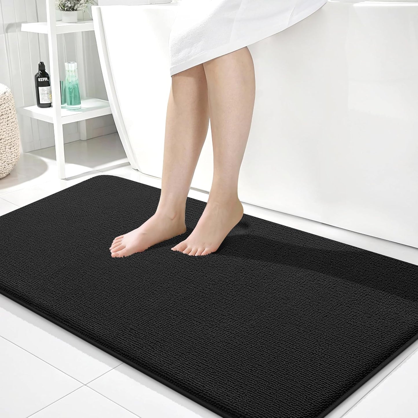 OLANLY Thick Memory Foam Bath Mat Rug 44x24, Extra Soft Absorbent Bathroom Rug, Quick Dry Bath Mats, Non-Slip, Machine Washable Carpet for Bathroom, Tub and Shower, Home Decor Accessories, Black