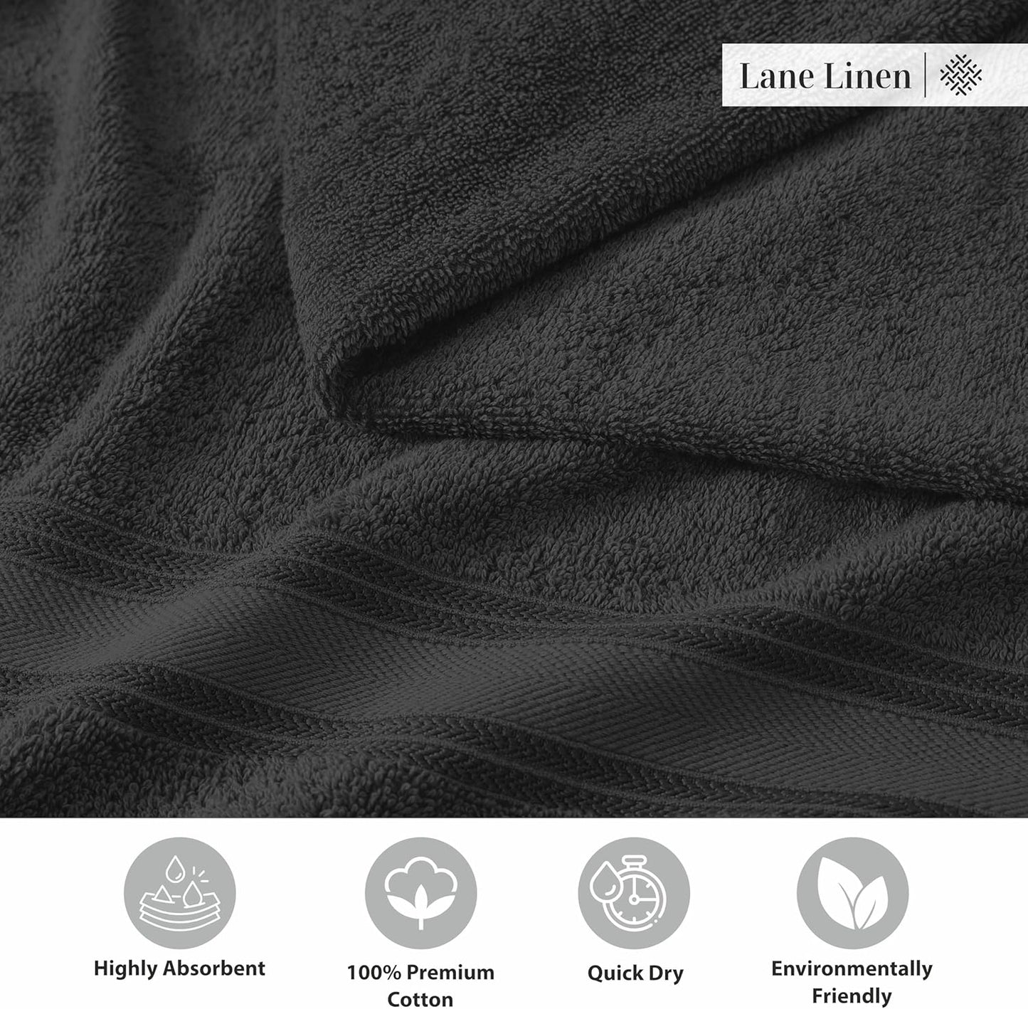LANE LINEN Luxury Towels Set - 3 Piece Set, 100% Cotton Bathroom Towels, Zero Twist, Quick Dry Shower Towels, Absorbent Bath Towel, Super Soft, 1 Bath Towel, 1 Hand Towel, 1 Wash Cloths - Black