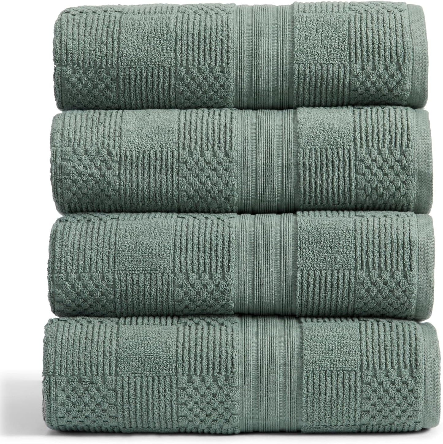 Springtree Home 100% Cotton Bath Towel Set of 4 | Green Bath Towels | Geometric Textured Design | Absorbent & Quick-Dry | 4 Bath Towels | Oeko-TEX® Standard 100 Cotton | Myla Collection - Lily Pad