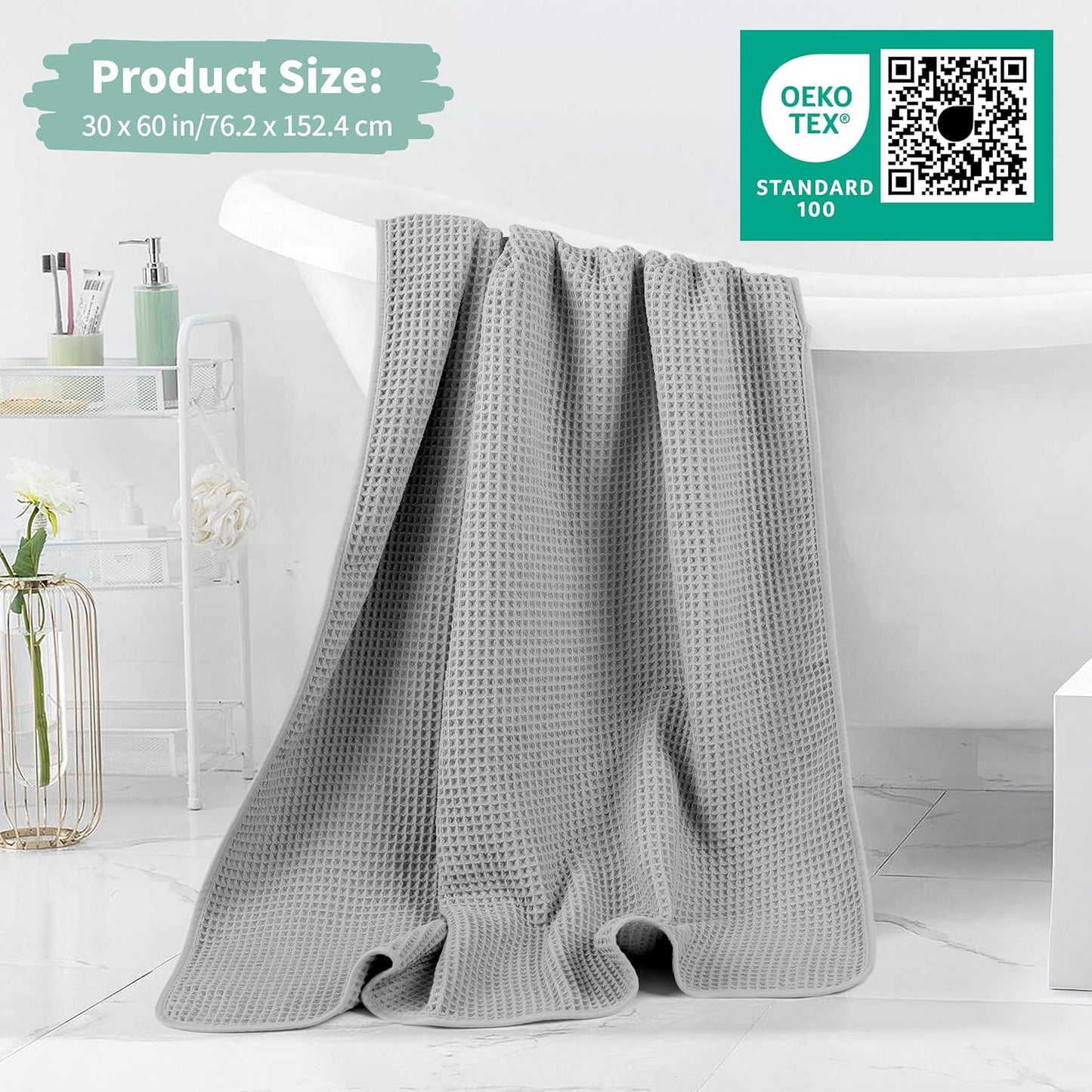 New Microfiber Waffle Bath Towels, 2 Pieces, Oversized, Soft, Absorbent, Fast Drying, Lint Free (Silver)