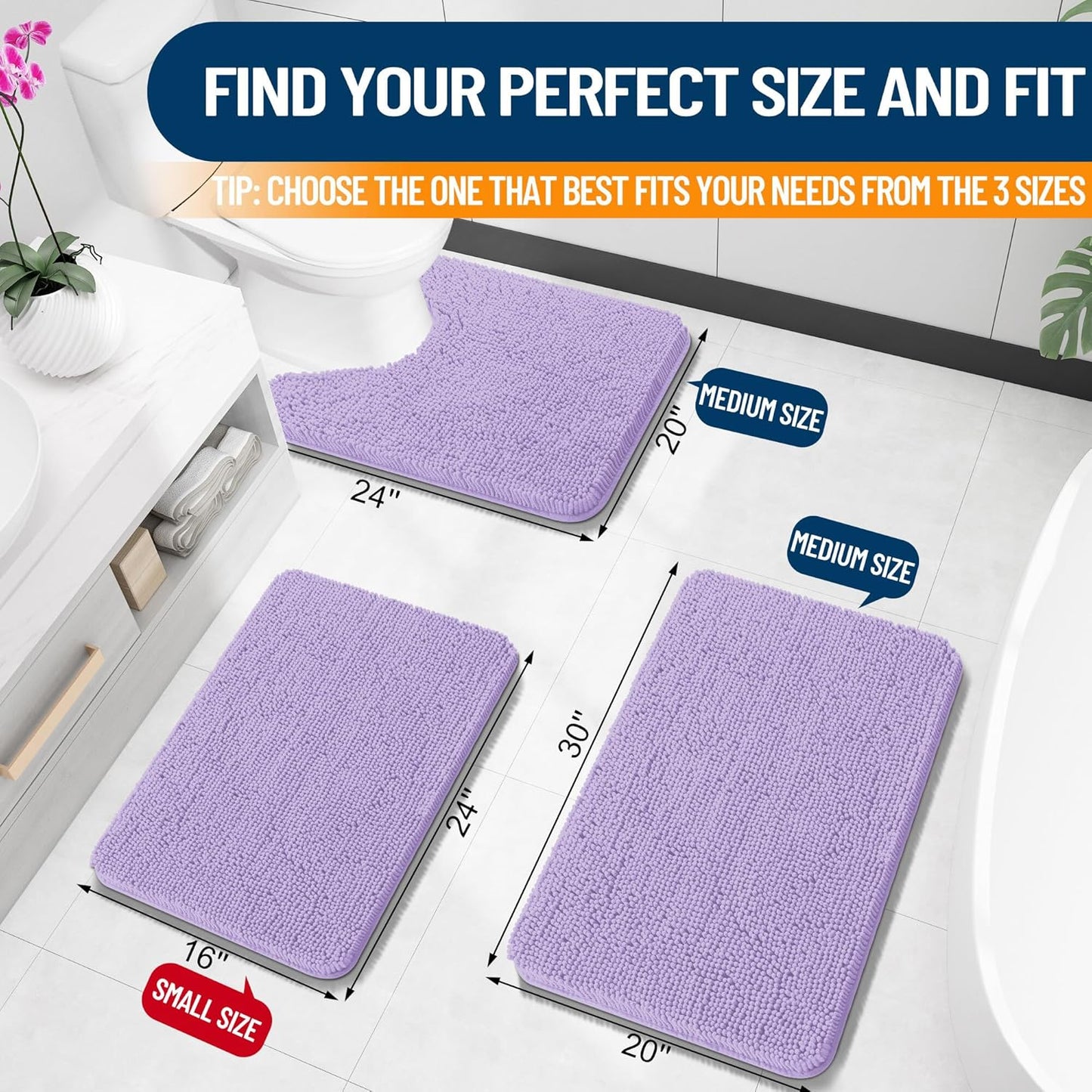 OLANLY Toilet Rugs U-Shaped 24x20, Extra Soft Absorbent Chenille Contour Bathroom Rugs for Toilet, Dry Quickly, Machine Washable, Non-Slip Bath Mat, Lavender
