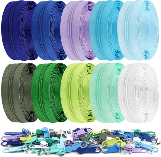 DOITEM 31 Yards / 28 m 10 Pieces Sewing Zippers #3 Nylon Coil Zippers Assorted Zipper for Sewing with 40 Zipper Sliders for DIY Tailor Sewing Crafts Supplies, 10 Color