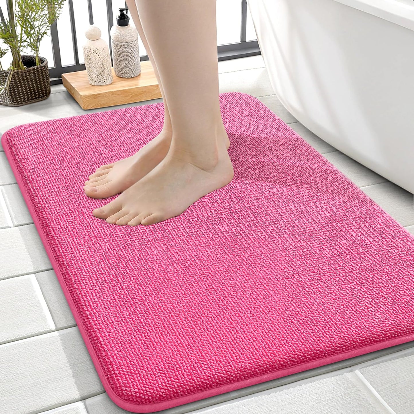 OLANLY Thick Memory Foam Bath Mat Rug 24x16, Extra Soft Absorbent Bathroom Rug, Quick Dry Bath Mats, Non-Slip, Machine Washable Carpet for Bathroom, Tub and Shower, Home Decor Accessories, Hot Pink