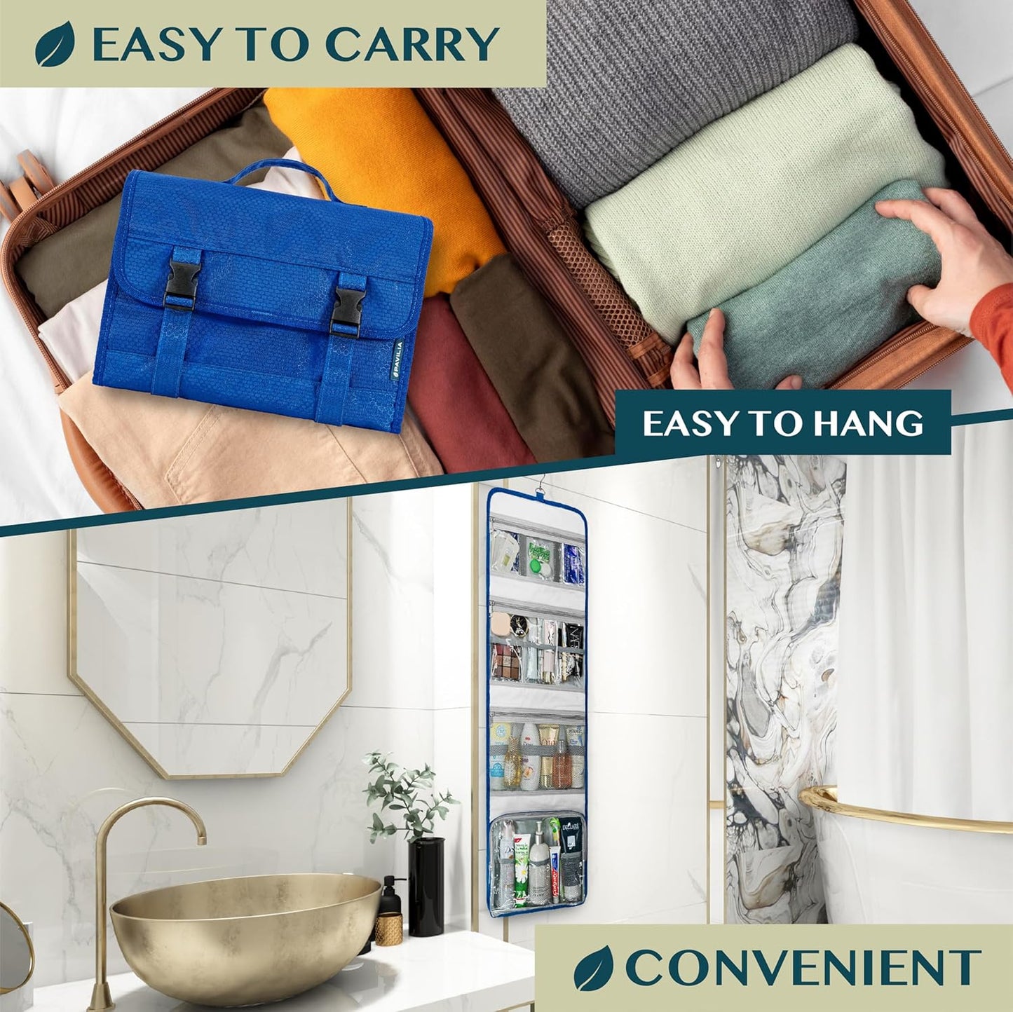 PAVILIA Travel Hanging Toiletry Bag for Women Men, Large Capacity Makeup Bag Kit, Waterproof Cosmetic Storage Organizer Case for Bathroom Shower