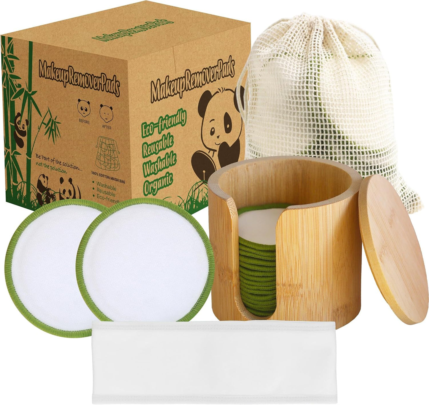 Reusable Cotton Rounds 20Pcs - 100% Natural Bamboo Cotton Pads for Face, Makeup Remover with Laundry Bag and Bamboo Holder (Green)