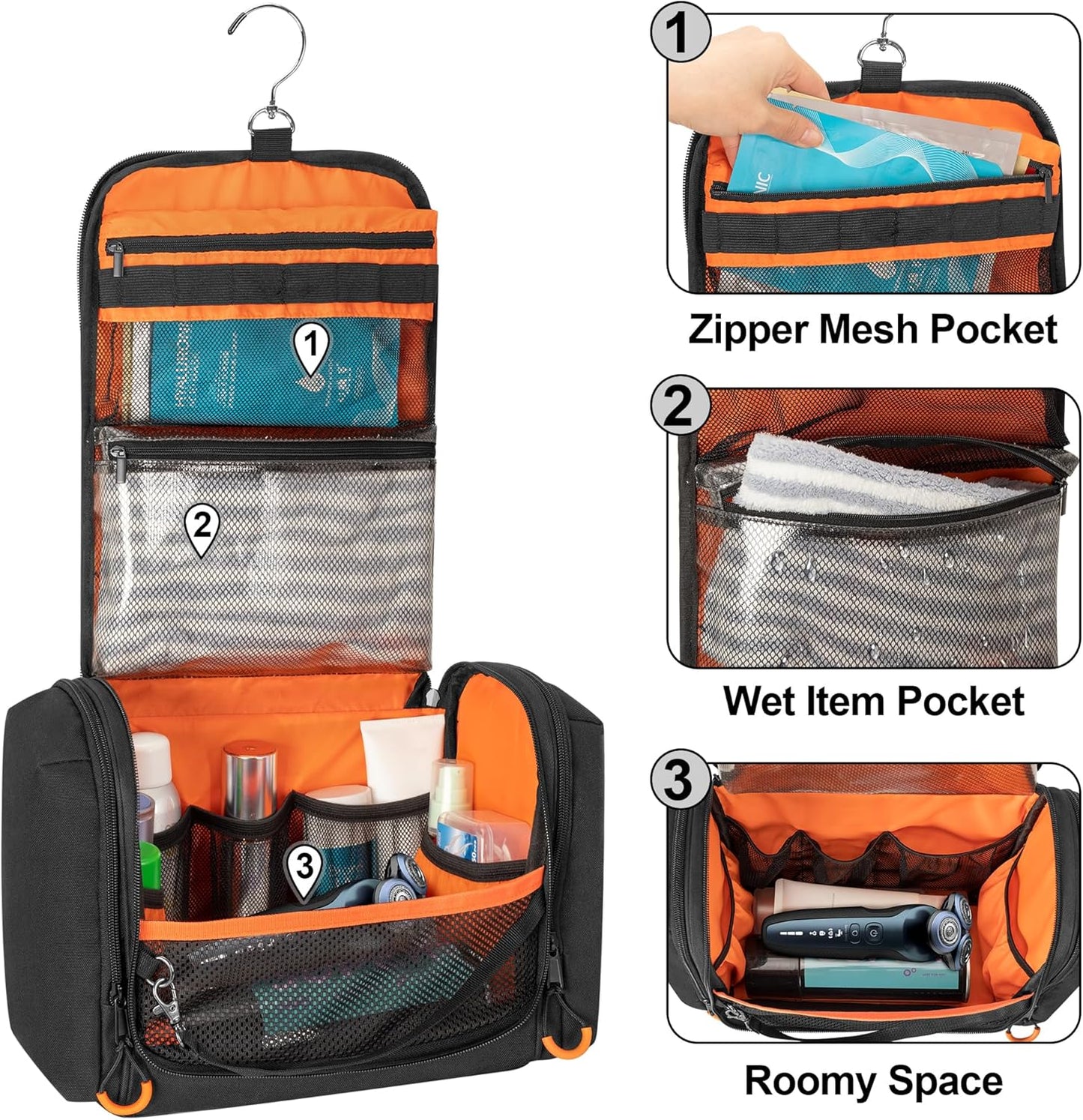 Tactical Toiletry Travel Bag for Men, Hanging Dopp Kit Hygiene Bag Shower Organizer with Hook for Toiletries and Shaving Care, Black (Empty Bag)