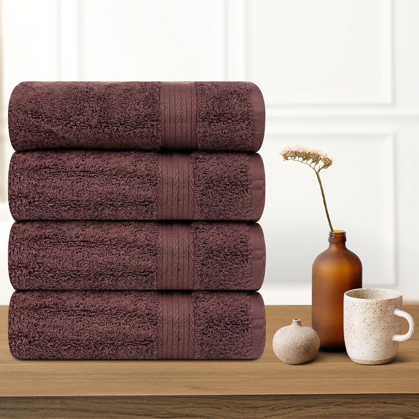 Ample Decor Hand Towel 18 X 28 Inch Pack of 4 600 GSM 100% Cotton, Soft Absorbent Thick Durable Premium Quality, for Hotel, Bathroom, Spa, Daily Use, Gym - Machine Washable - Brown
