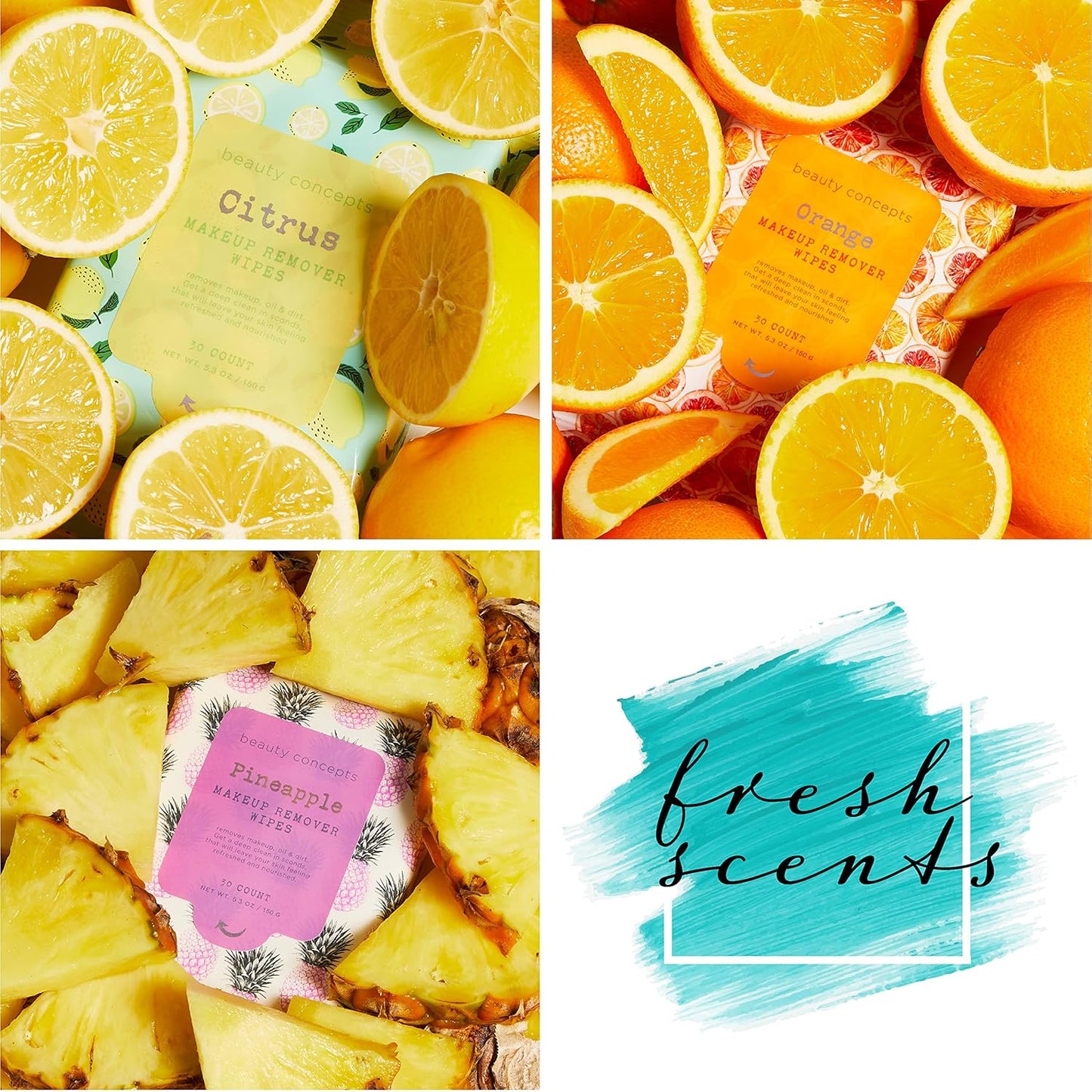 Beauty Concepts Facial Wipe Set - Packs of Face Wipes, Makeup Removing Wipes, Pomegranate, Citrus, Pineapple, and Orange Face