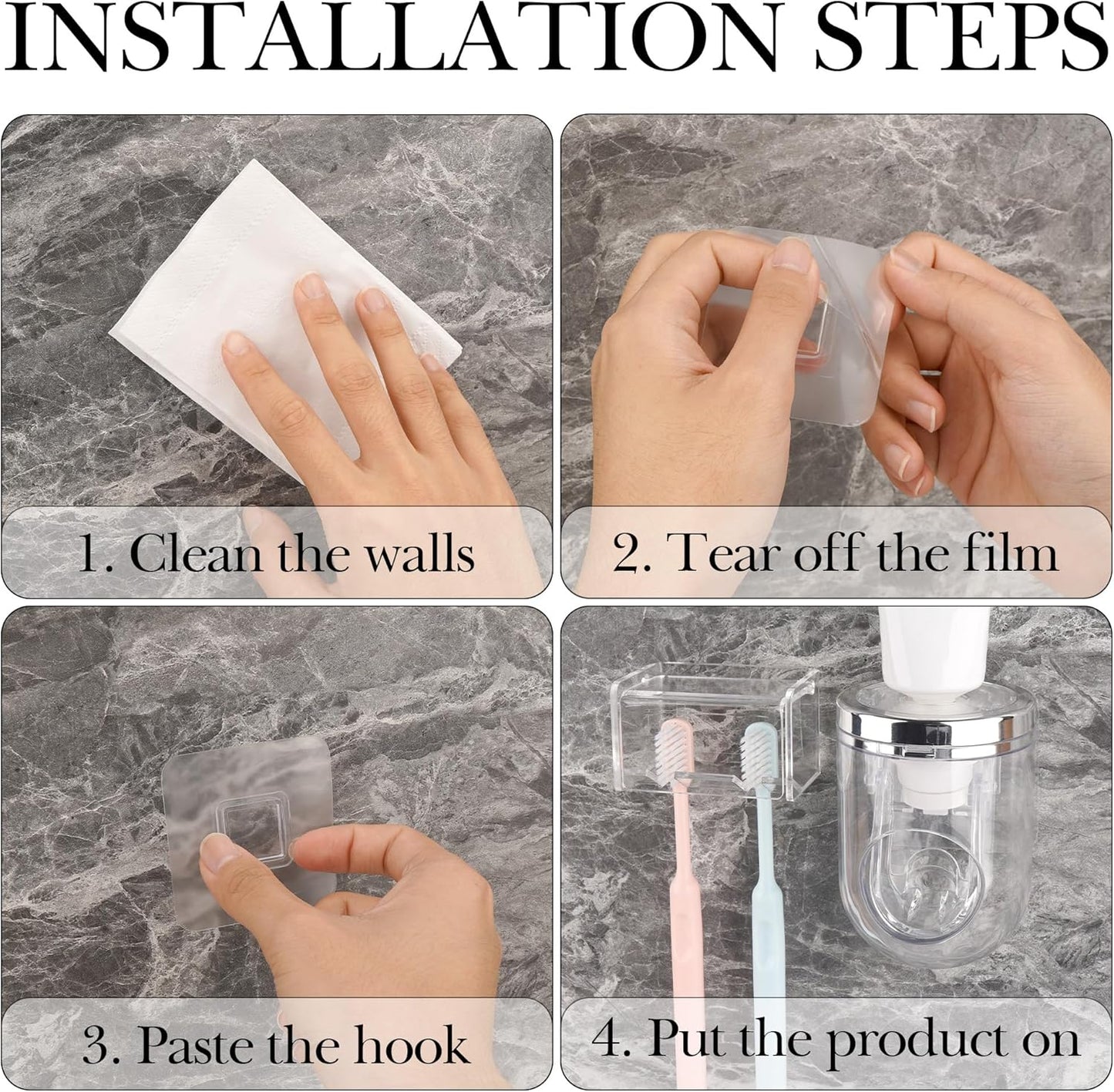 2 Slots Wall Mount Toothbrush Holder with Cover, Self Adhesive Tooth Brush Storage Organizer for Shower Bathrooms, Toothbrush Stand with Automatic Toothpaste Squeezer Dispenser