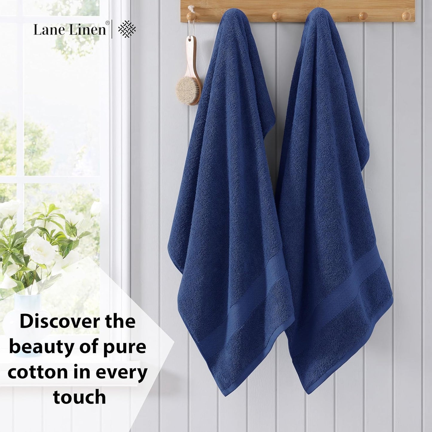 LANE LINEN 100% Cotton 4 Pack Bath Towels (28"x54") - Ring Spun Mercerized Cotton Towels Set for Bathroom - Quick Dry, Soft & Absorbent Large Bath Towel Set - Dorm Essentials for Boys - Navy Blue
