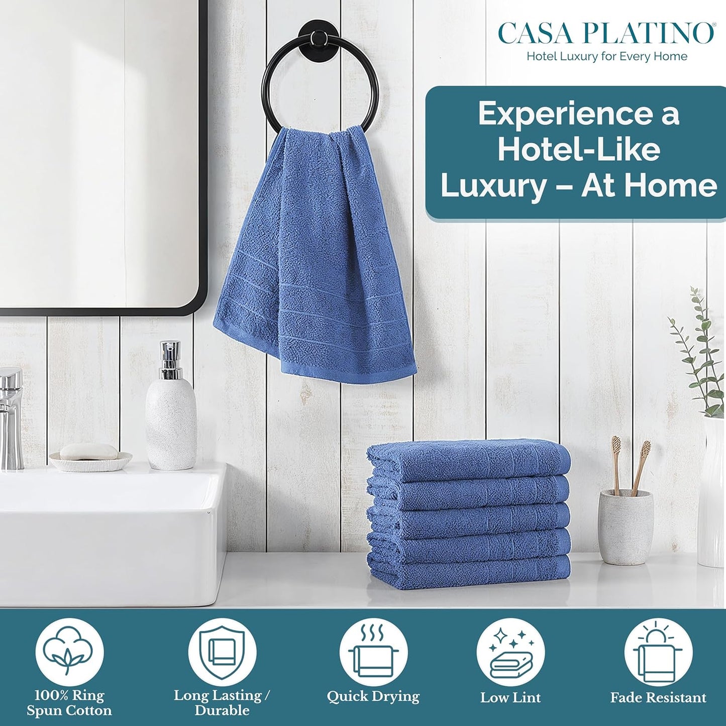 Casa Platino 100% Cotton Hand Towels for Bathroom Set of 6 (16"x28") - Spa & Hotel Quality - Ring Spun - Quick Dry, Soft & Absorbent Bath Hand Towel 6 Pack - Suitable for All Skin Type - Cerulean Blue