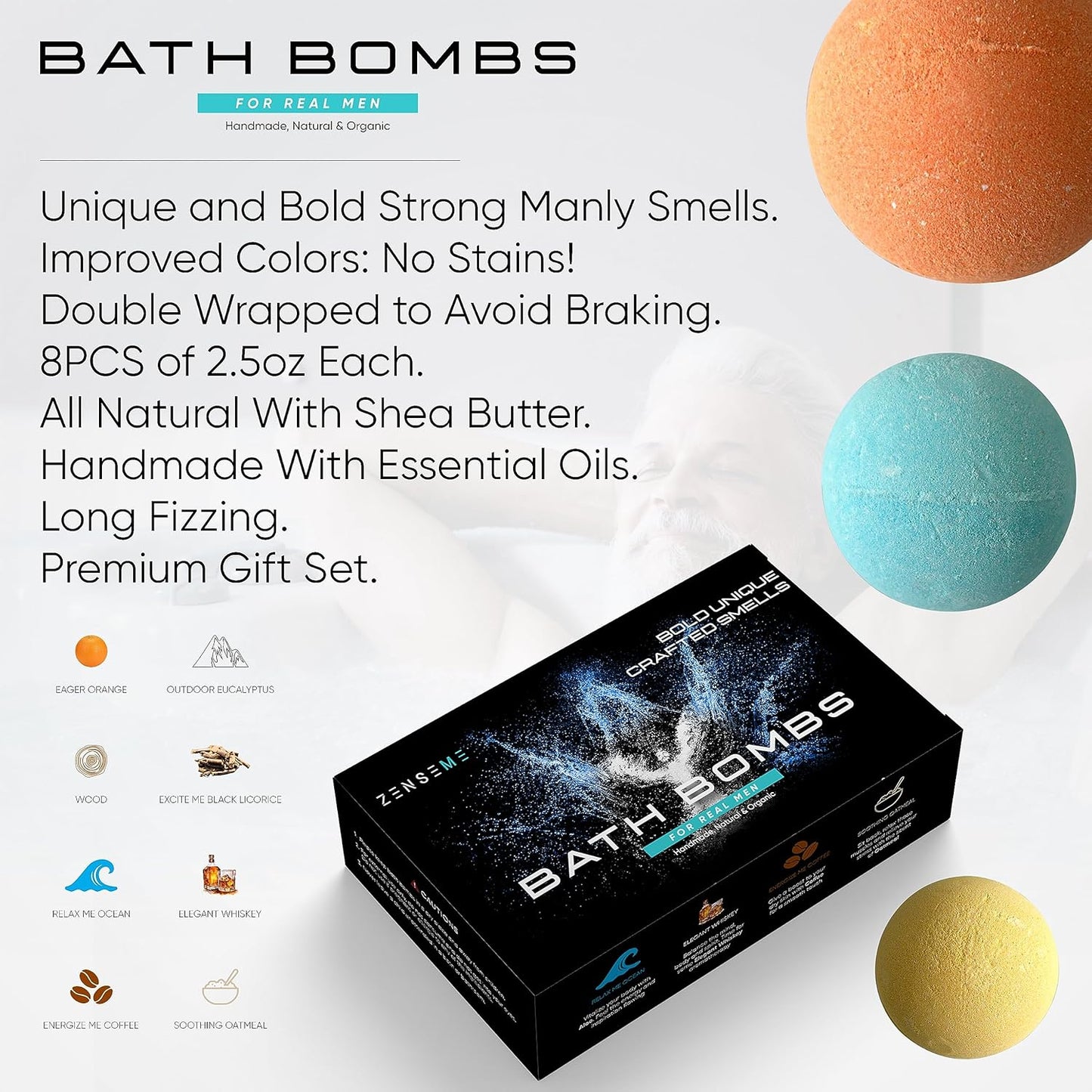 Bath Bombs for Men - Gift Set of 8 Scented Organic Handmade Bath Bombs of 2.5 oz with Natural Essential Oils, Unique Strong Manly Scents, for Boyfriend, Husband, Father or Friend, by ZenseMe