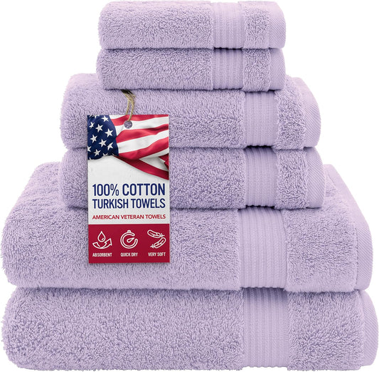 American Veteran Towel, 100% Cotton Turkish 6 Piece Towel Set, Luxury Towels Set of 6 for Bathroom Essentials, 2 Bath Towel 2 Hand Towel 2 Washcloth, Lilac