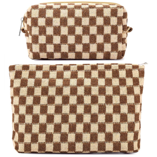 ZLFSRQ 2Pcs Checkered Makeup Bag for Women Large Small Checkered Cosmetic Bag Set Aesthetic Preppy Pencil Case Cute Pencil Pouch Brown Makeup Pouch for Purse Travel Toiletry Bags Zipper Skincare Bags